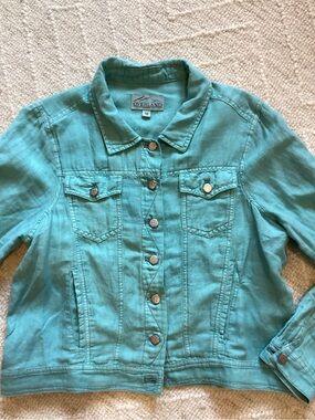 Overland Turquoise Linen Blend Jacket Size M Button Front Lightweight